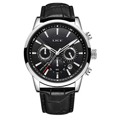 Afbeelding van Modieuze herenhorloges van Lige, roestvrij staal, analoge quartz, sport, chronograaf, witte wijzerplaat, klassieke lederen horlogeband., Zwart/Zilver, riem