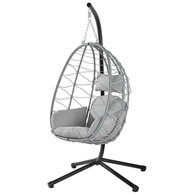 Afbeelding van BAKAJI Tuinhangstoel, schommelstoel voor buiten, metalen frame, rotan nest en touw + gevoerd zitkussen hoofdsteun 198 x 110 95 cm (grijs)