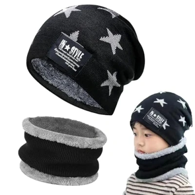 Afbeelding van Gxlaihly wintermuts voor kinderen, set van hoed en nekwarmer, elastische muts, jongens meisjes (voor 15 jaar), zwart.