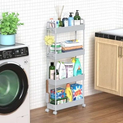 Afbeelding van SOLEJAZZ 4 laags opbergtrolley kar uitschuifbare slanke rollende boodschappenkar mobiele opslag rekken organizer voor keuken, badkamer, wasruimte, slaapkamer, smalle plaatsen, kunststof, grijs