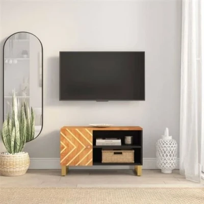 Afbeelding van Tv meubel 80x31,5x46 cm massief mangohout bruin en zwart