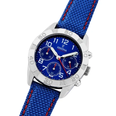 Afbeelding van Festina Kinderhorloge F20346/2 Junior Collection, kast van roestvrij staal 316L zilver, blauwe leren band, Blauw, Armband