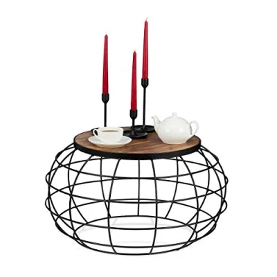 Afbeelding van Relaxdays salontafel mangohout ronde bijzettafel industrieel design koffietafel Naturel