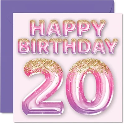 Afbeelding van Stuff4 Verjaardagskaart voor vrouwen, 20e verjaardag, roze en paarse glitterballonnen, verjaardagskaarten meisjes, zus, tante, neef, 145 mm x