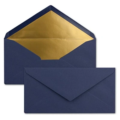 Afbeelding van 15 enveloppen DIN lang donkerblauw/nachtblauw met goudkleurige binnenvoering 110 x 220 mm nat lijmen feestelijke voor Kerstmis