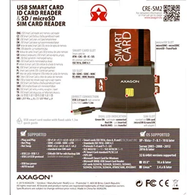 Afbeelding van AXAGON CRE SM2 USB Smart card &amp; SD/microSD/SIM reader *USBAM *SDF *MSDF *SIM *ID