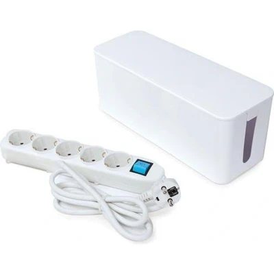 Afbeelding van Perel Stekkerdoos met schakelaar en kabelbox, 5 stopcontacten randaarde (type F), kabel 1.5 m, 3G1.5, wit