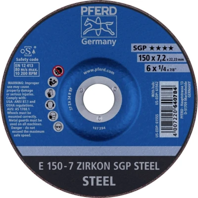 Afbeelding van PFERD 62215326 E 150 7 ZIRKON SGP STEEL Afbraamschijf gebogen Diameter mm Boordiameter 22.23 Staal 10 stuk(s)