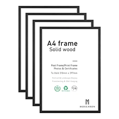Afbeelding van A4 fotolijsten voor certificaten of foto set van 4 houten wandmontage tafelblad 21 x 30 cm zwart