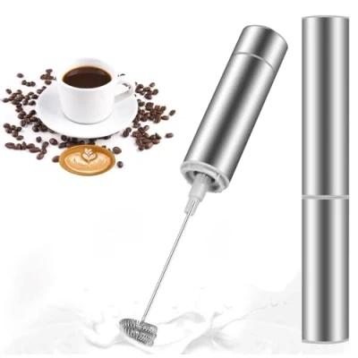 Afbeelding van MOSUO Elektrische melkopschuimer, mini garde van roestvrij staal, extra sterke motor en werkt op batterijen, mixer voor koffie, crème, cappuccino, latte, cocktails, sap