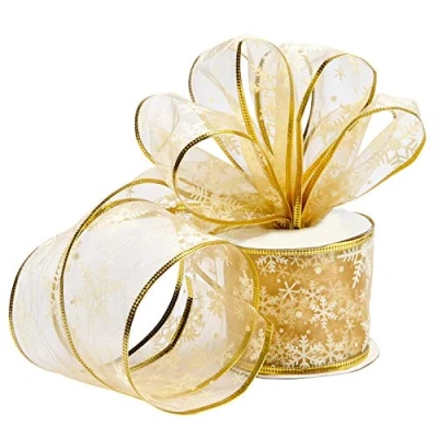 Afbeelding van Belle Vous Gouden organza lint met ijzerdraad, geschenkverpakking, 10 m x 63 mm, pailletten en sneeuwvlokken voor kerstdecoraties