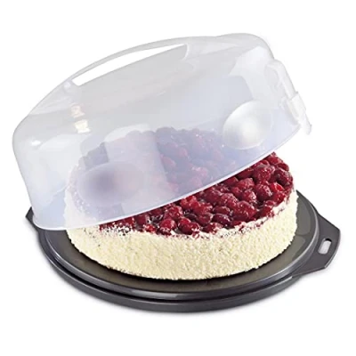 Afbeelding van Xavax Taarttransportbox rond met deksel, taarthouder 31,5 cm diameter, binnenhoogte 8 cm, taartdoos stukindelingshulp, taartplateau antraciet, transparant