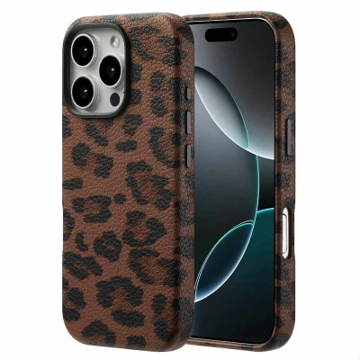 Afbeelding van Selencia Hoesje geschikt voor iPhone 16 Pro Sabi Backcover panterprint MagSafe Mocha Brown