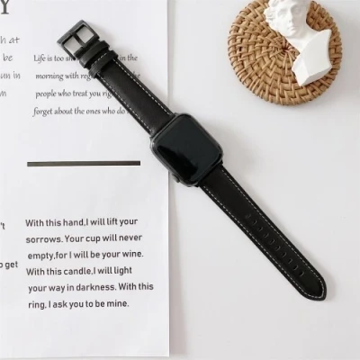 Afbeelding van Apple Watch Premium Leather bandje Zwart Geschikt voor 38mm / 40mm 41mm