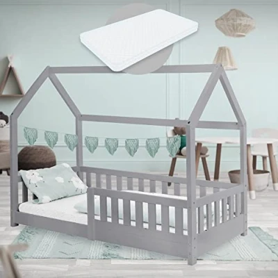 Afbeelding van Kinderbed huisbed 80x160 cm lichtgrijs gemaakt van dennenhout incl. matras H 10cm uitvalbeschermend dak en lattenbodem ML Design