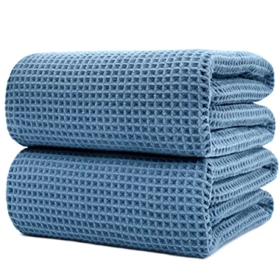 Afbeelding van Microvezel badhanddoek pluisvrij &amp; sneldrogend wafelstructuur zeer groot blauw 89 x 178 cm 2 stuks