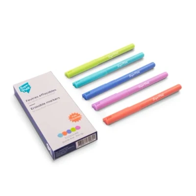 Afbeelding van SUPER PETIT 5 droog uitwisbare viltstiften met fijne punt voor set van siliconen en whiteboard trendy pastelkleuren: turquoise koraal limoen marineblauw paars vanaf 3 jaar.