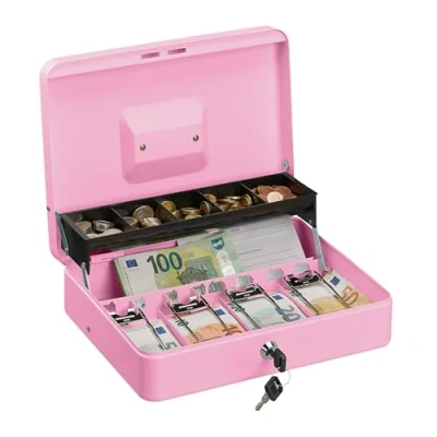Afbeelding van Relaxdays Afsluitbare geldkist, geldlade en 4 vakken voor bankbiljetten, ijzeren kist, H x B D: 8,5 30,5 24,5 cm, roze