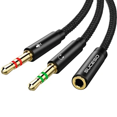 Afbeelding van SuCESO adapterkabel voor hoofdtelefoon, microfoon, 2 in 1, adapter jack 3,5 mm mannelijk naar vrouwelijk, adaptersplitter twee aparte jacks notebooks, pc, PS4, Xbox 35 cm