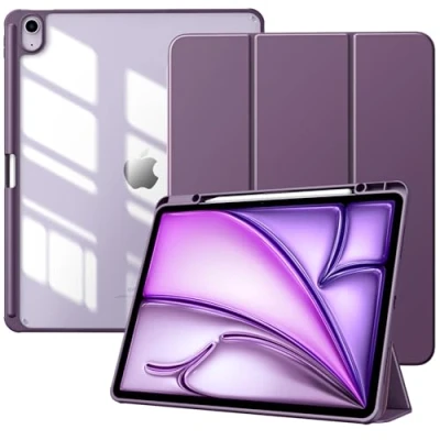 Afbeelding van TiMOVO iPad Air 13 inch (M2) 2024 hoes met potloodhouder, slanke beschermhoes standaard en transparante achterkant voor 13&quot;, automatische slaap/wake, donkerpaars