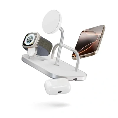 Afbeelding van Zens 4 in 1 draadloze oplader, 15 W compatibel met MagSafe en Qi2 voor iPhone, Apple Watch, AirPods, 65 voedingsadapter (EU,VK, US) geïntegreerde 1,5 m kabel inbegrepen, wit
