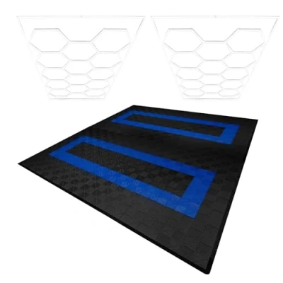 Afbeelding van Modulaire Geventileerde Vloer 165 Zwart &amp; 60 Blauw met Randen Hexagon LED verlichting 28 Witte Lampen 6500K 3 Montageopties Inclusief Ophangset Garagevloer 6m x