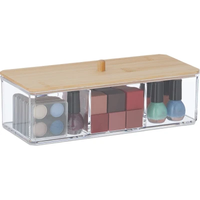Afbeelding van Relaxdays make up organizer bamboe deksel 3 vakken kunststof transparant natuur
