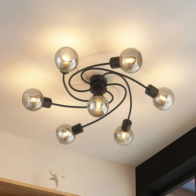 Afbeelding van Lindby plafondlamp 7lichts Glas, ijzer H: 18 cm E14 zwart, rook