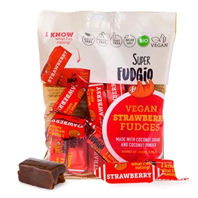 Afbeelding van Super FUDGiO Organische snoep, aardbeien, veganistisch en glutenvrij, biologische karamel zonder palmolie, met kokosmelk kokosnootsuiker, multipack van 150 g, smaak: aardbei