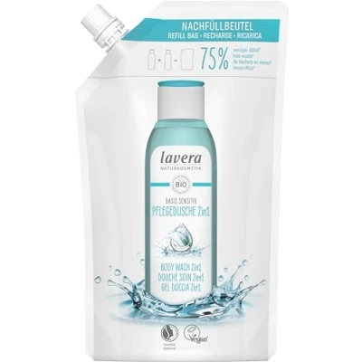 Afbeelding van lavera Navulverpakking basis Sensitive doucheverzorging 2 in 1, natuurlijke cosmetica, veganistisch, douchegel, met aloë vera en plantaardige keratine, biologisch afbreekbare formule zonder minerale oliën, 500 ml
