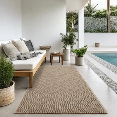 Afbeelding van the carpet Kansas Robuust outdoor tapijt natuurlijke jute look, weerbestendig geschikt voor terras en tuin, ruitpatroon, 80 x 250 cm