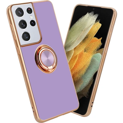Afbeelding van Cadorabo Hoesje geschikt voor Samsung Galaxy S21 ULTRA in Glossy Licht Paars Goud met ring Beschermhoes van flexibel TPU silicone Case Cover camerabescherming en magnetische autohouder