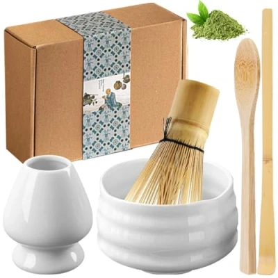 Afbeelding van matcha theeset met bezem, kom, keramische garde, bezemhouder, handgemaakte accessoires, geschenkdoos (wit)