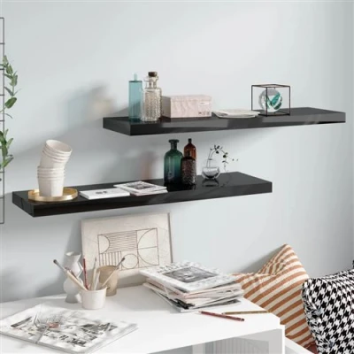 Afbeelding van Wandschappen zwevend 2 st 90x23,5x3,8 cm MDF hoogglans zwart