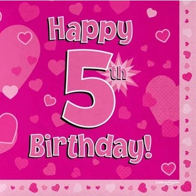 Afbeelding van Oaktree UK 634916 servetten Happy 5th Birthday, 3 laags, 33 x cm, 16 stuks, roze
