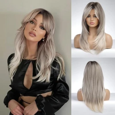 Afbeelding van Honygebia Blonde bruine damespruik lange golvende pruiken met franjes, gordijn voor vrouwen, licht asblond, donkere wortels, kunsthaar, natuurlijke Halloween/Kerstmis