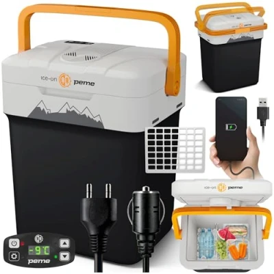 Afbeelding van PEME Essential Elektrische Koelbox, 25,7 liter, 12V, 220/230 Volt AC/DC, Aansluiting voor Auto en Camping, thermo elektrisch Frigobox ggrafiet/oranje