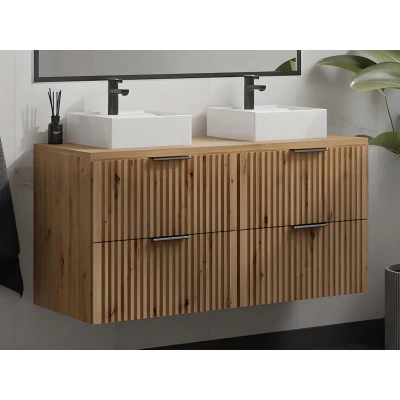 Afbeelding van Hangend, geribbeld wastafelmeubel met opzetwastafel Lichte houtlook L120 cm ZEVARA L 120 x H 57 D 46
