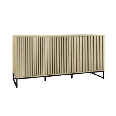 Afbeelding van sweeek Dressoir in moderne stijl met 3 deuren gegroefd houteffect, druksysteem, zwart metalen poten b 160