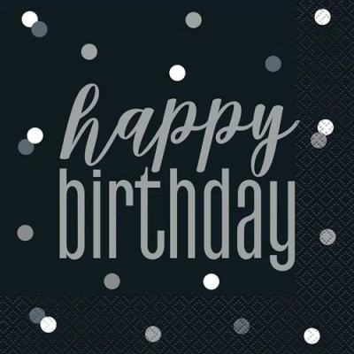 Image de Serviettes Black Silver Glitz Joyeux anniversaire 33x33cm 16 pièces