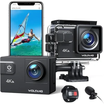 Afbeelding van WOLFANG GA300 Sportcamera 4K 60FPS, 24 MP groothoek, touchscreen, wifi camera, waterdicht, 8 voudige zoom, stabilisator, EIS camera (microfoon, afstandsbediening, 2 batterijen 1350 mAh en accessoireset)
