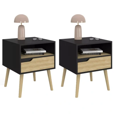 Image de Lot de 2 tables chevet HELSINKI 1 tiroir scandinave noir et effet hêtre
