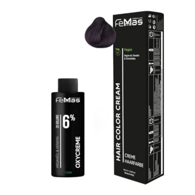 Afbeelding van Femmas Haarkleurset lichtbruin paars 5.2 I Hair Color Cream 100 ml + oxycrème 6% permanente haarkleur ontwikkelaar zacht en duurzaam haarverf voor salon