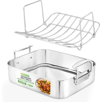 Afbeelding van NutriChef Braadpan Braadslede met Gepolijst Rooster 35,5 cm Roestvrijstalen Keukenbraadslede Ingebouwde Handvatten Zwaar Bakvorm voor Kalkoen, Kip, Vlees &amp; Meer
