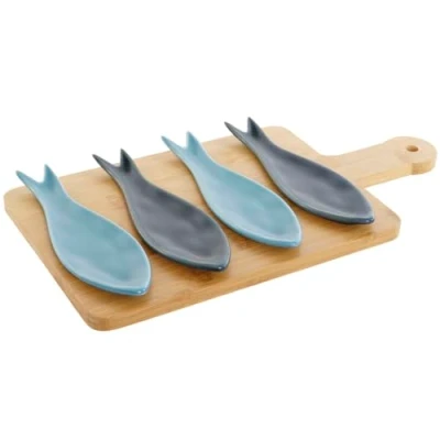 Afbeelding van Set voor voorgerechtjes Home ESPRIT Blauw Groen Marineblauw Bamboe Porselein Mediterrane Vissen 3...