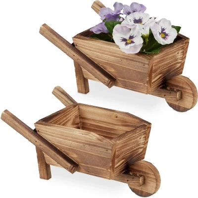 Afbeelding van Relaxdays plantenbak kruiwagen set van 2 bloembak hout bloempot tuindecoratie smal