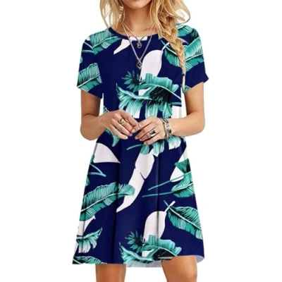 Afbeelding van MOLERANI Casual T shirt jurk met korte mouwen voor dames strand en zomer, Blauwe print.