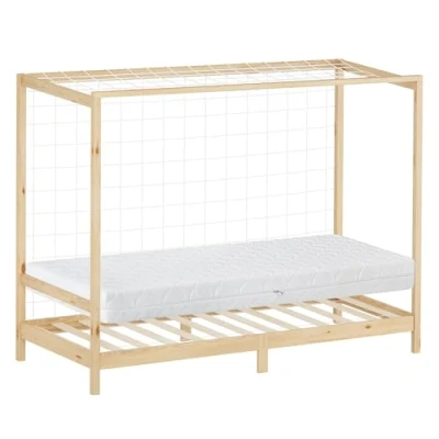 Afbeelding van Kinderbed voetbaldoel 90x200 cm naturel grenenhout incl. matras H 16cm Houten bed met lattenbodem &amp; doelnet ML design