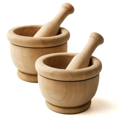 Afbeelding van Space Home Vijzel en stamper van hout rustiek 8 cm Set 2