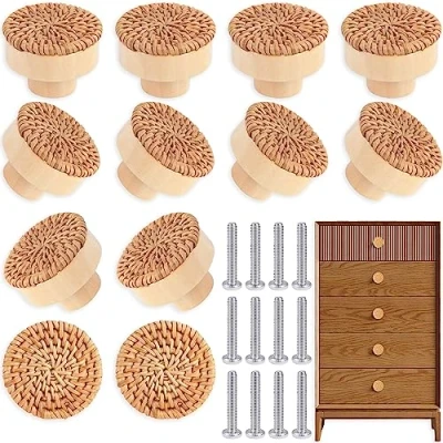 Afbeelding van Meubelknoppen van rotan, 12 stuks, boho decoratie, houten knoppen voor keukenkasten, deuren en kasten, 4 cm